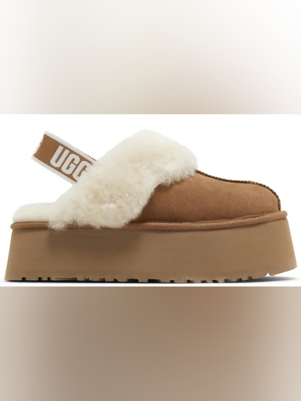 UGG Tan Suede Platform Shearling Mule with Cream Fur and Branded Slingback
